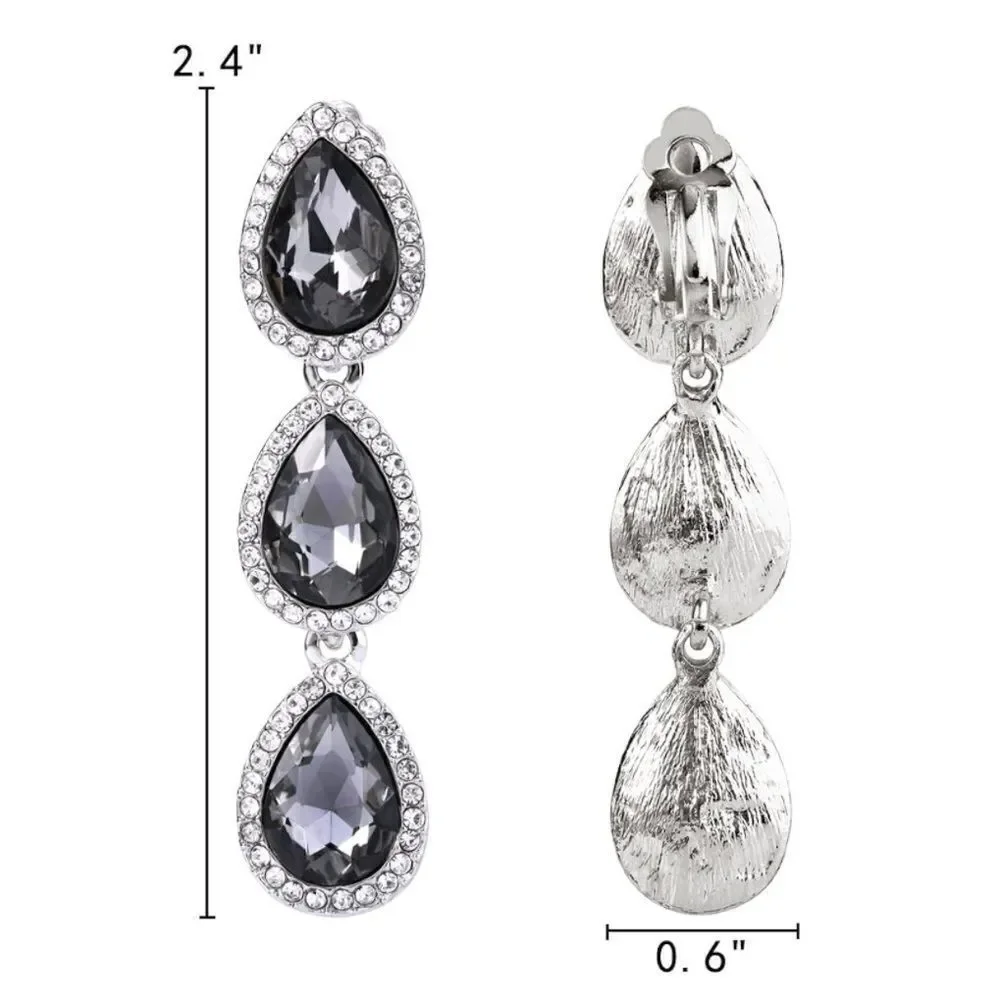 Silver with Charcoal Gray and White Diamond Austrian Crystal Clip On Earrings